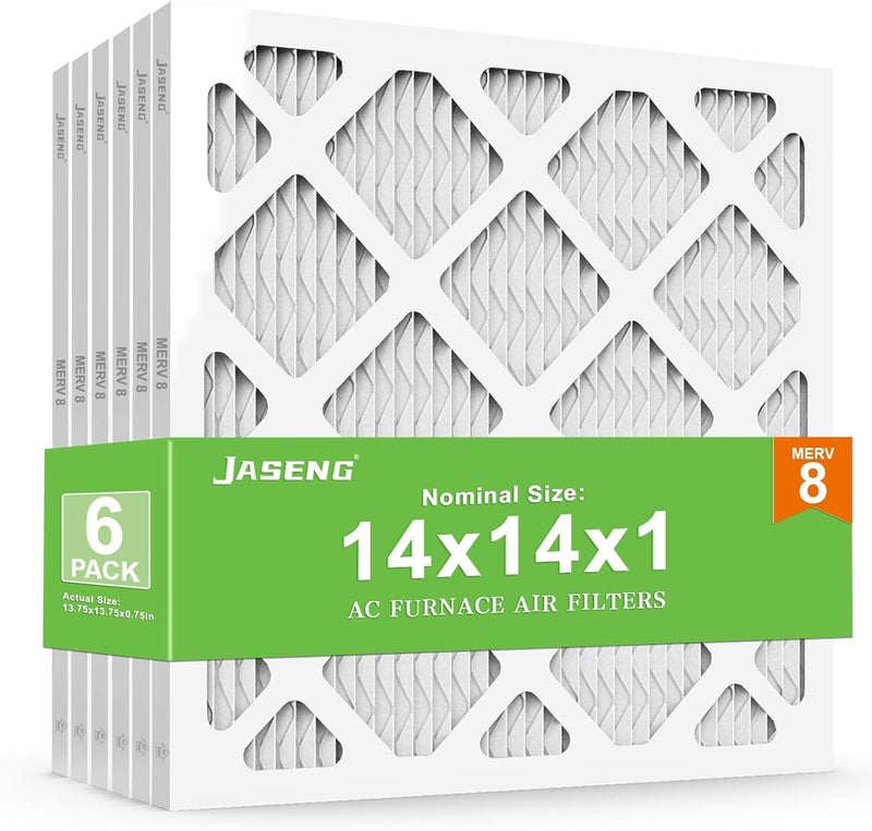 JASENG14x14x1 Air Filters, MERV 8 Pleated HVAC Furnace Filters (6-Pack) - Dust Defense, MPR 600 - exact dimensions: 13.75"x13.75"x0.75" - Replacement for AC, Heater, and Ventilation Systems - Image 1